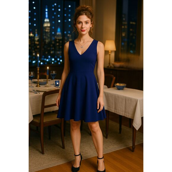 Lulu's "Bon Appetit" Sapphire Blue Fit & Flare Sleeveless Skater Mini Dress Sz S - Picture 1 of 12